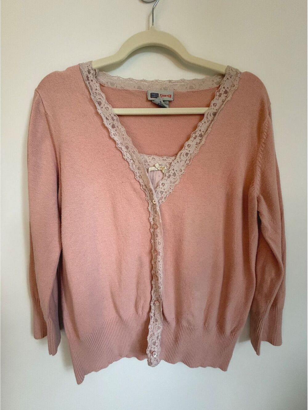 Vintage 90s Faded Glory Pink Cardigan Girls L (12/14) Stretch Knit Lace Trim Y2K